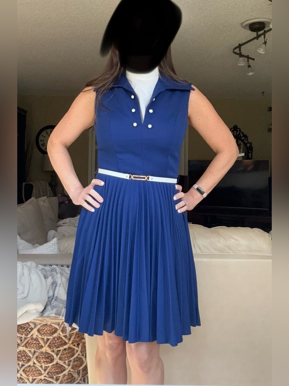 Vintage 60s Sleeveless Pleated Dress with Faux Turtleneck. Size 4/6